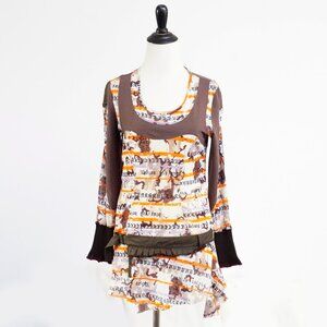 Vintage Y2K mesh orange brown camo print long sleeve tunic top S